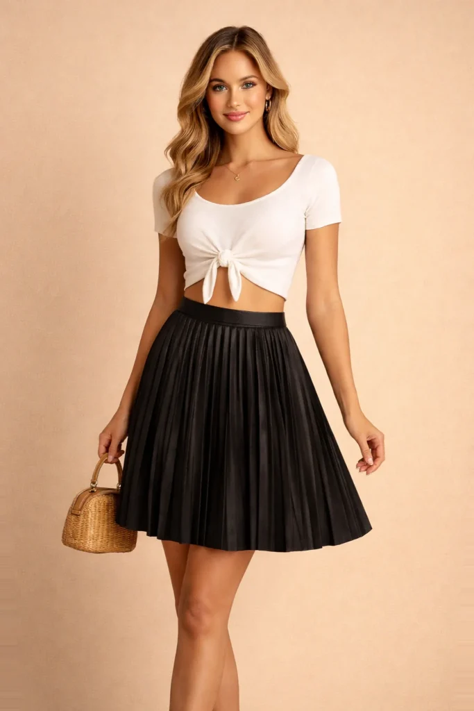 Jupe plissée courte noire en cuir soft