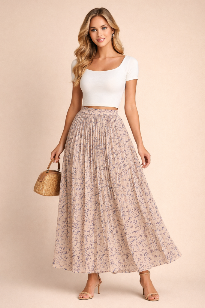 Jupe plissée longue fluide beige fleurie bleu en chiffon