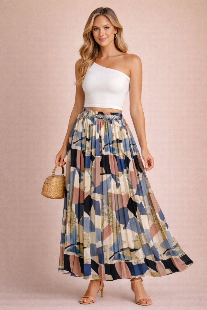 Jupe plissée longue beige kaki à motif géométrique – fluide en chiffon