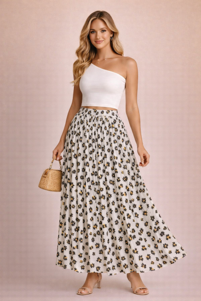 jupe plissée longue blanche fleurie fluide en chiffon trois-quarts face