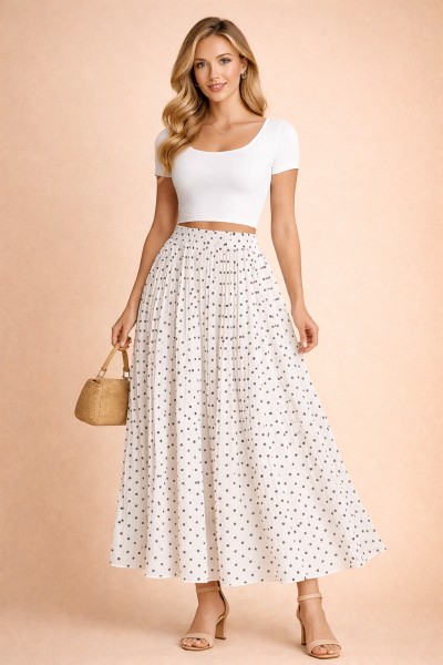 Jupe plissée longue blanc ivoire à pois noirs en chiffon, vue produit – Plissée Chic