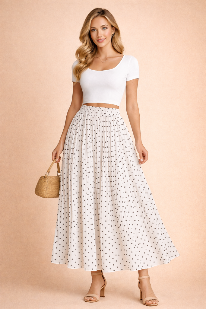 Jupe plissée longue blanc ivoire à pois noirs – fluide en chiffon