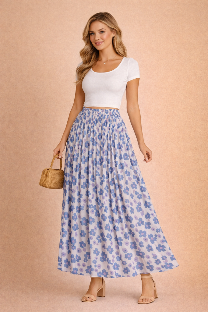 Jupe plissée longue fluide bleu ciel fleurie en chiffon