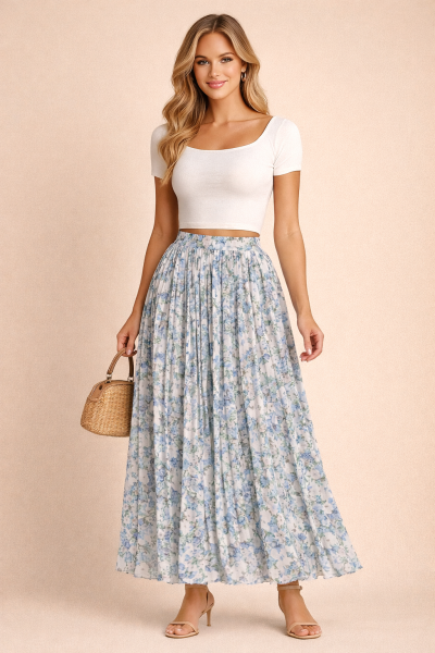 jupe plissée longue bleu fleuri portée par mannequin femme vue de face