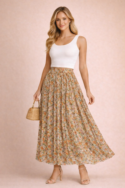 jupe plissée longue fleurie orange vert trois quarts face