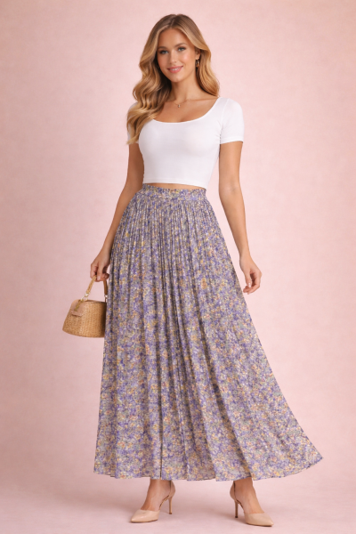 jupe plissée longue fleurie violet trois quart de face