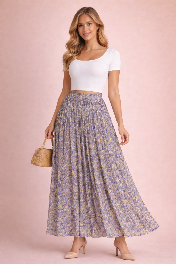 Jupe plissée longue fleurie fluide violet chiffon