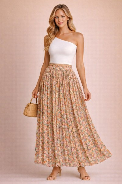 Jupe plissée longue fleurie beige sable rosé en chiffon, taille élastique, portée en trois quarts face – Plissée Chic