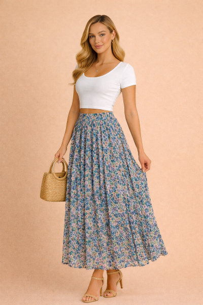 Jupe plissée longue fleurie bleu lavande en chiffon, taille élastique, portée en trois quarts face – Plissée Chic