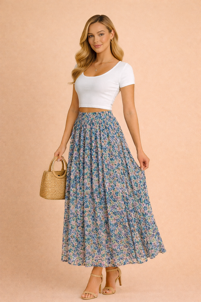 Jupe plissée longue fleurie bleu lavande – fluide en chiffon