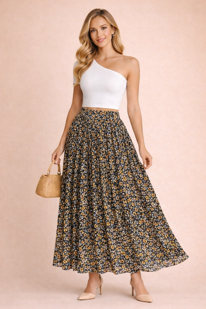 Jupe plissée longue fleurie jaune noir fluide en chiffon