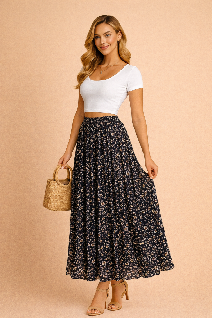 Jupe plissée longue fleurie noir encre – fluide en chiffon