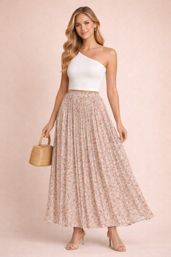 Jupe plissée longue fluide fleurie rose pêche en chiffon