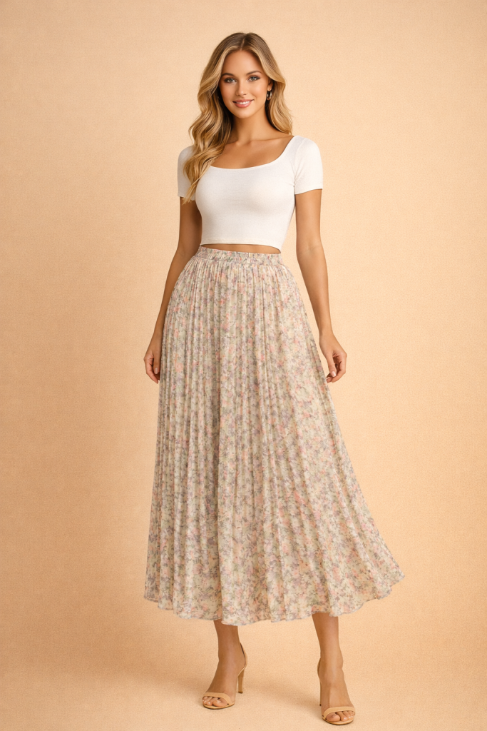 Jupe plissée longue fleurie vert sauge pâle fluide en chiffon