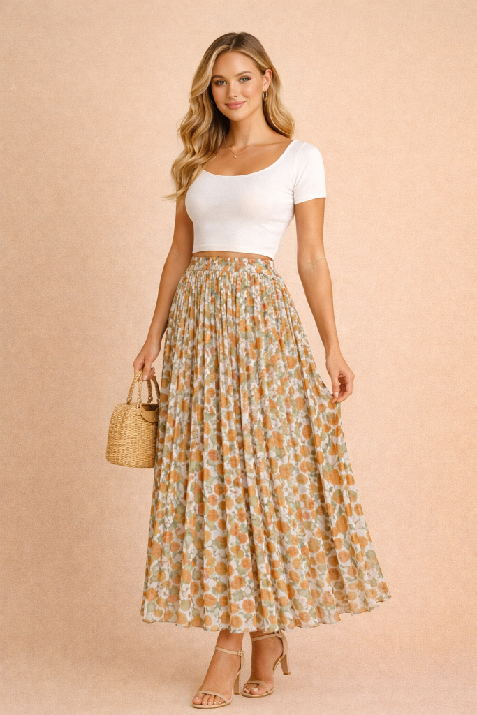 Jupe plissée longue fleurie vert sauge et rose pêche – fluide en chiffon