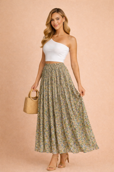 Jupe plissée longue fleurie vert sauge en chiffon, taille élastique, portée en trois quarts face – Plissée Chic