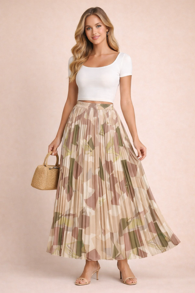 Jupe plissée longue géométrique beige kaki en chiffon fluide