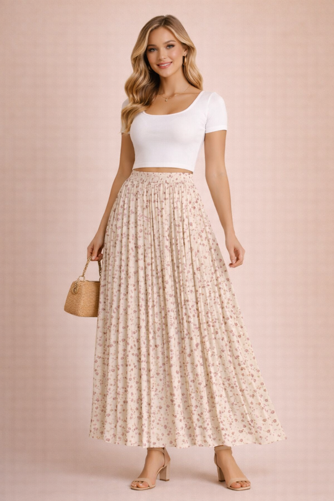 Jupe plissée longue fluide fleurie ivoire rosé en chiffon