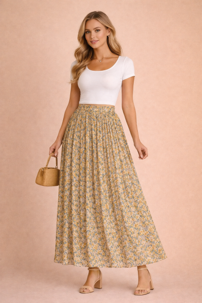 jupe plissée longue jaune moutarde fleurie trois quarts face