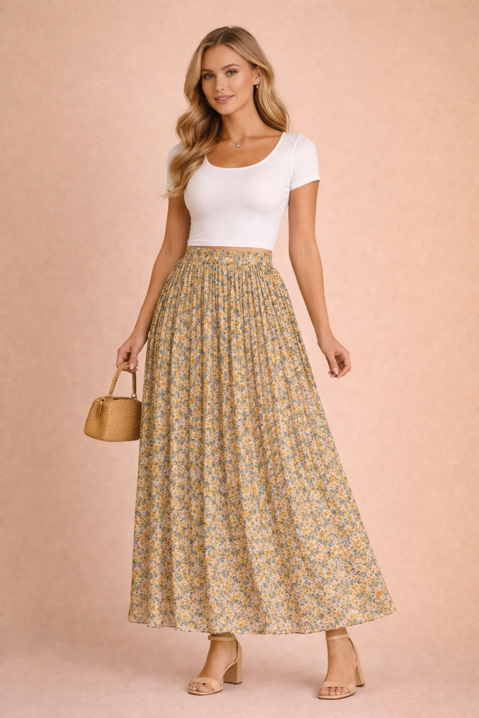 Jupe plissée longue fleurie fluide jaune moutarde en chiffon