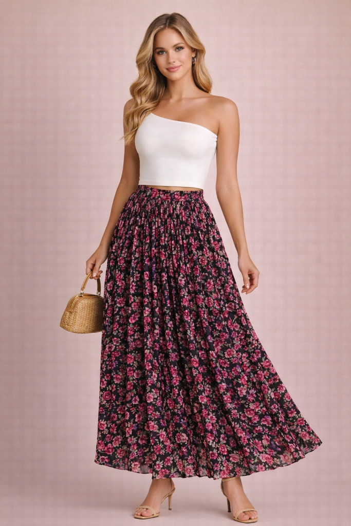 Jupe plissée longue fleurie noire fluide rose en chiffon