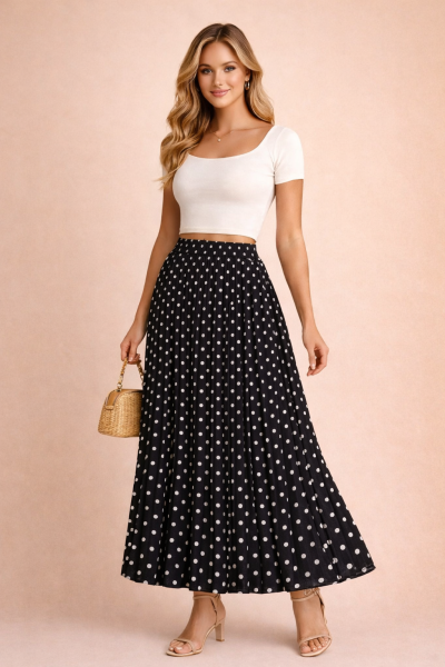 Jupe plissée longue noire à pois blancs en chiffon, taille élastique, portée en trois quarts face – Plissée Chic
