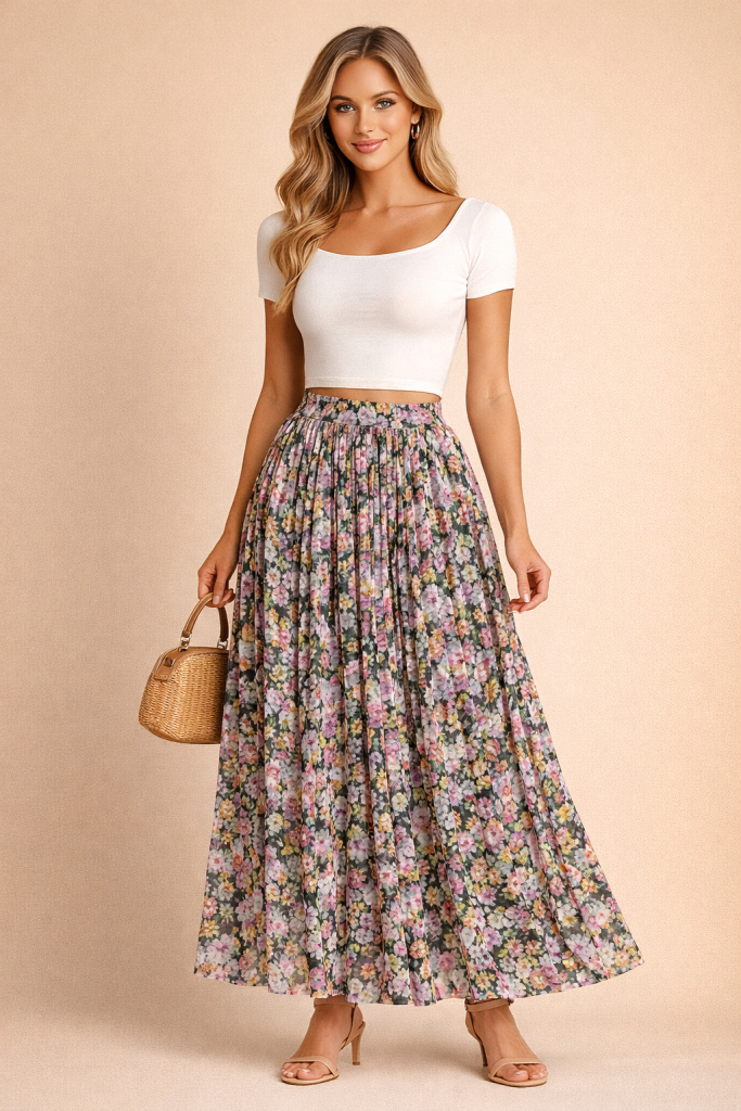 Jupe plissée longue fleurie fluide rose