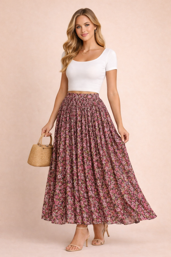 Jupe plissée longue fluide fleurie rose fuchsia en chiffon