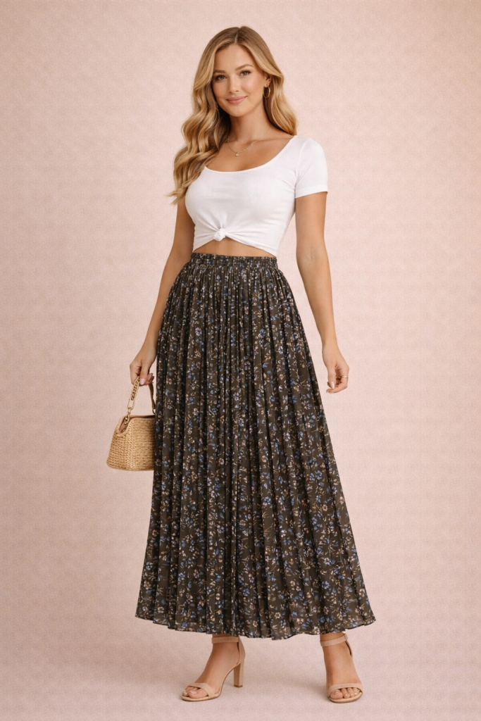 Jupe plissée longue fleurie vert kaki fluide en chiffon