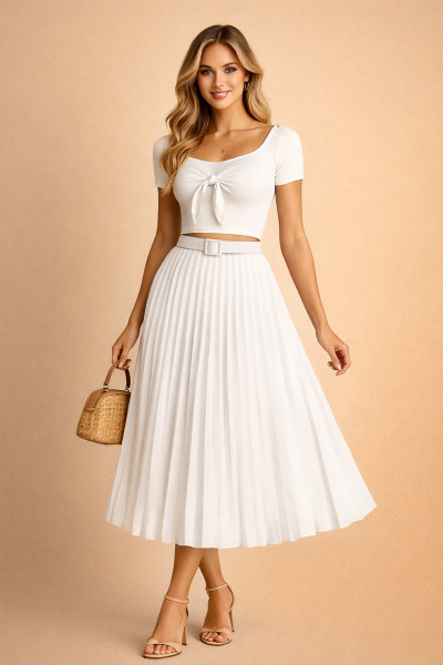 Jupe plissée midi blanc pur femme – plis structurés – vue trois quarts face