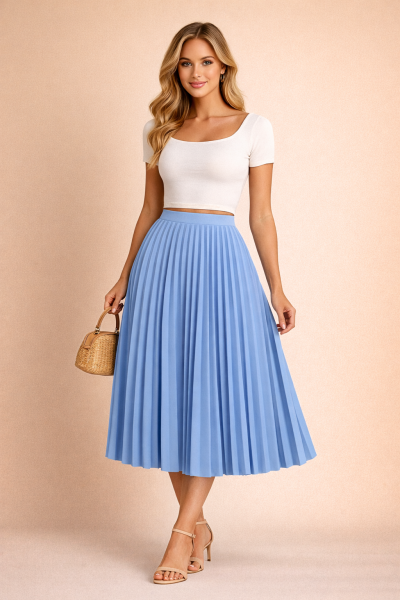 Jupe plissée midi bleu ciel femme – vue trois quarts face