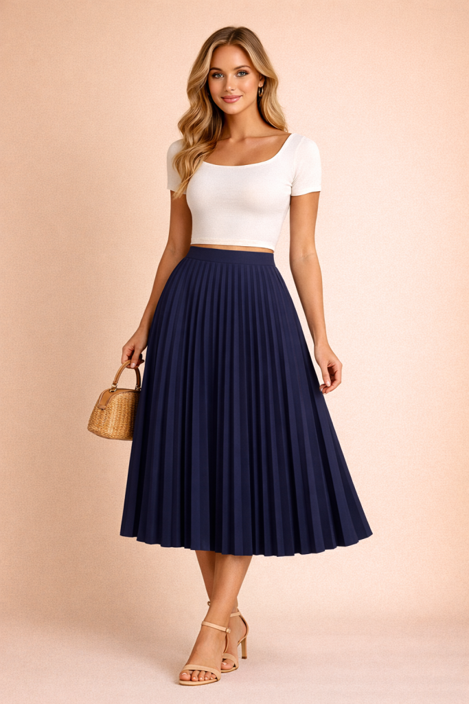 Jupe plissée midi élégante bleu marine femme