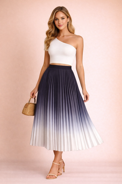 Jupe plissée midi dégradé bleu marine bleu ciel femme – vue face