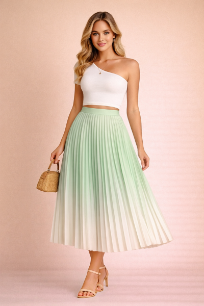 Jupe plissée midi dégradé vert d’eau ivoire femme – vue face