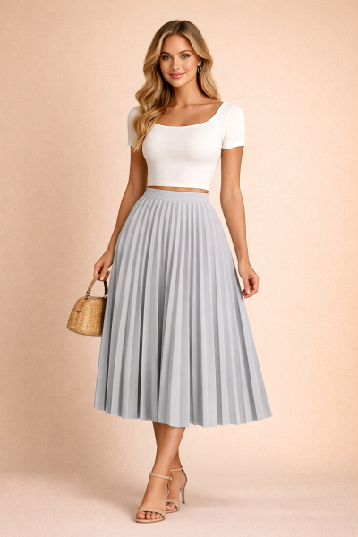 Jupe plissée midi gris clair femme – vue trois quarts face