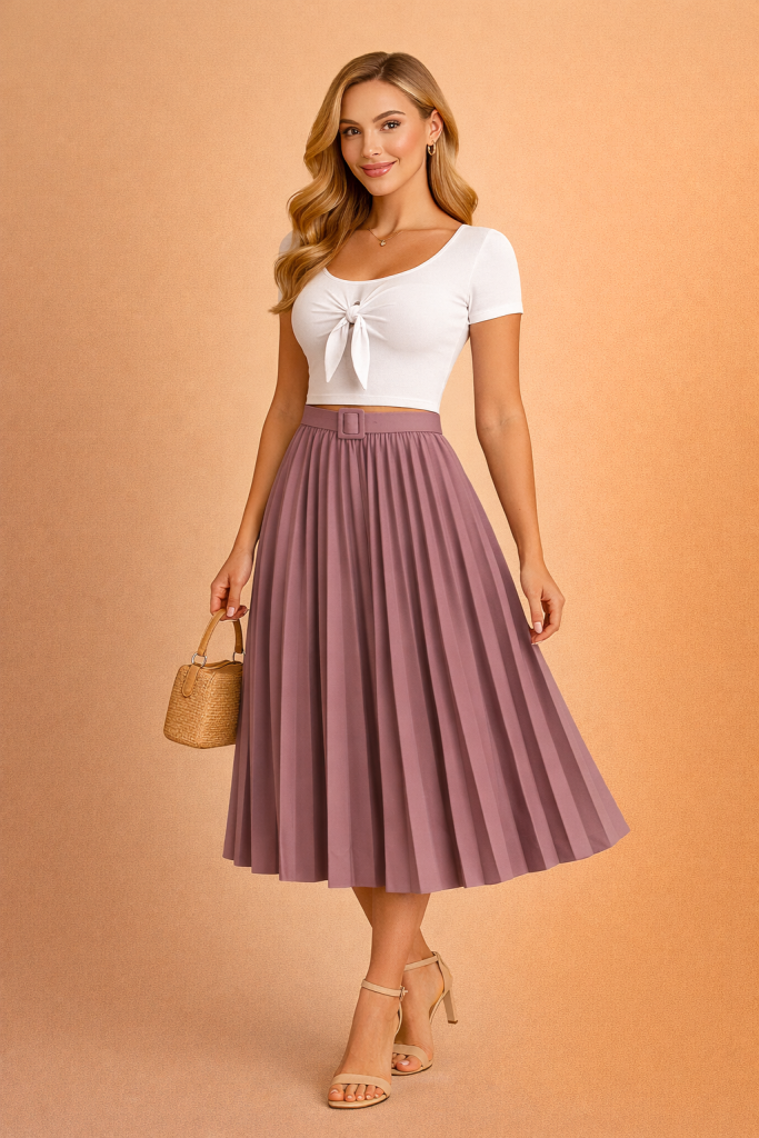 Jupe Plissée Midi Mauve Poudré avec ceinture