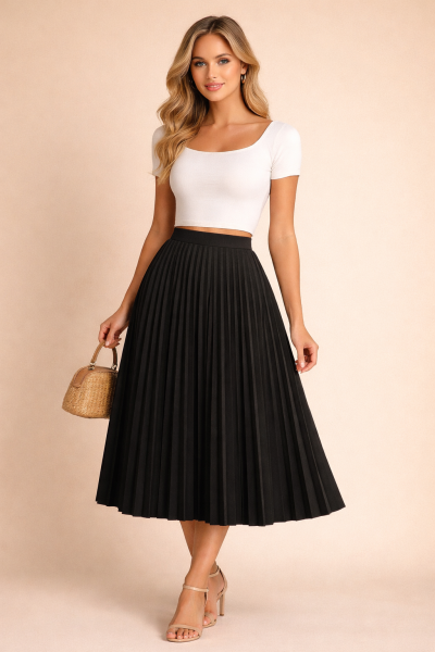 Jupe plissée midi noir femme – vue trois quarts face