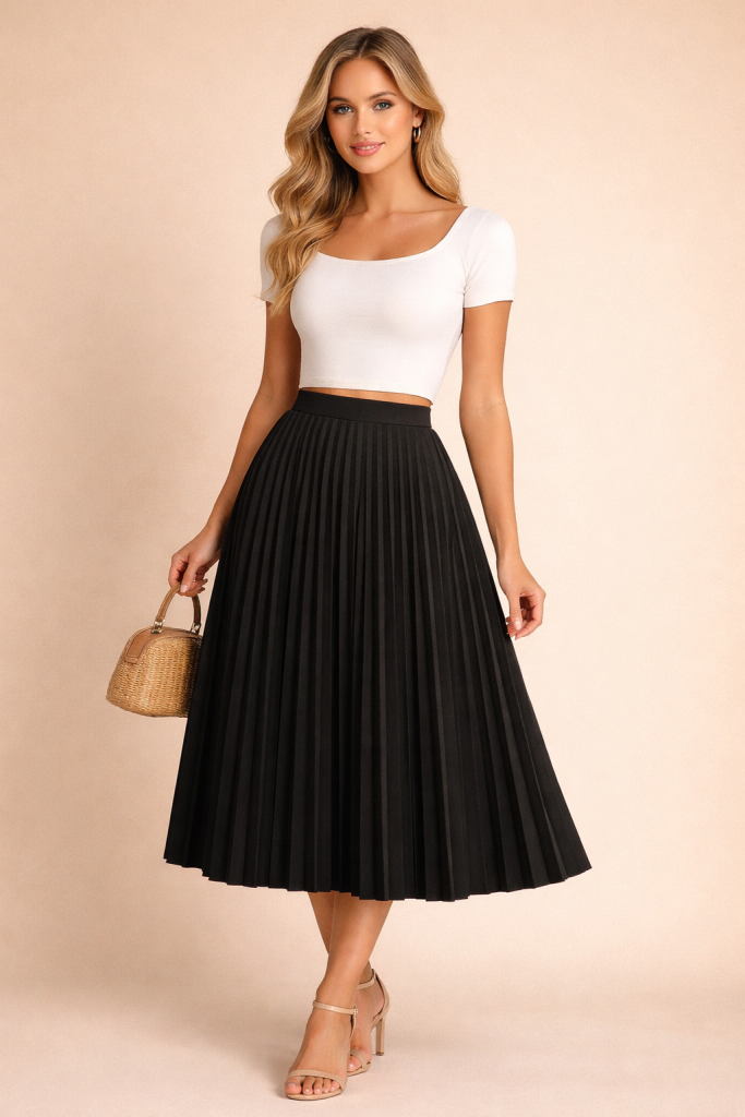 Jupe plissée midi noir pur taille haute