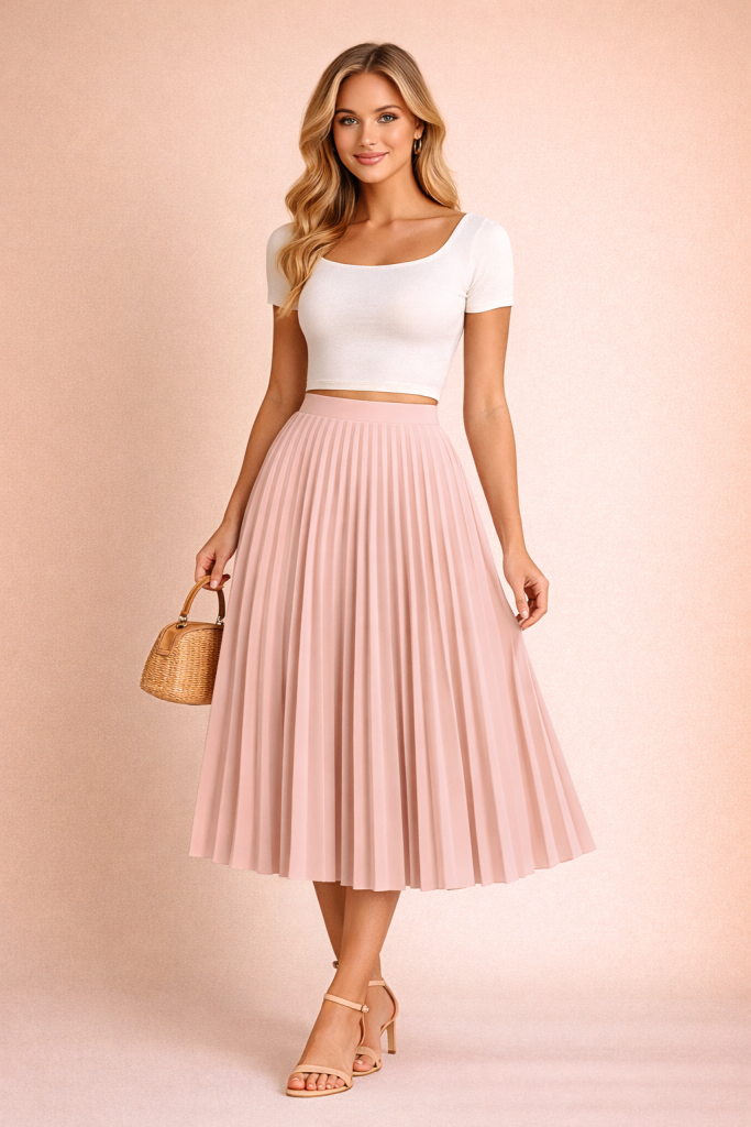 Jupe plissée midi élégante rose mauve poudré femme