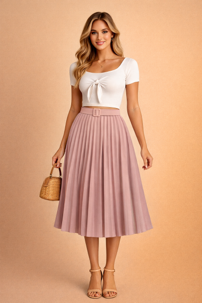 jupe plissee midi rose poudre ceinture face