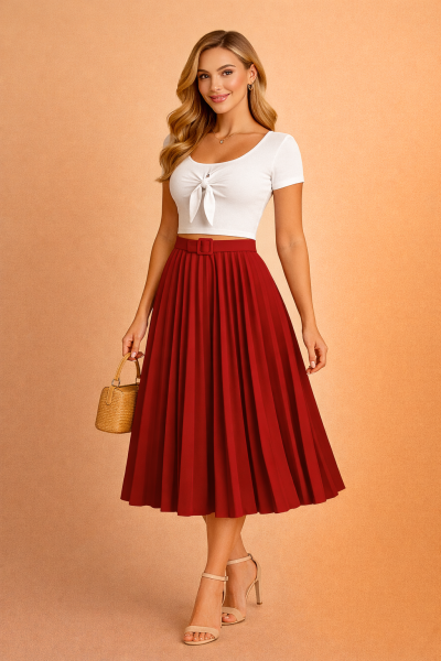 Jupe plissée midi rouge bordeaux avec ceinture – vue trois quarts face