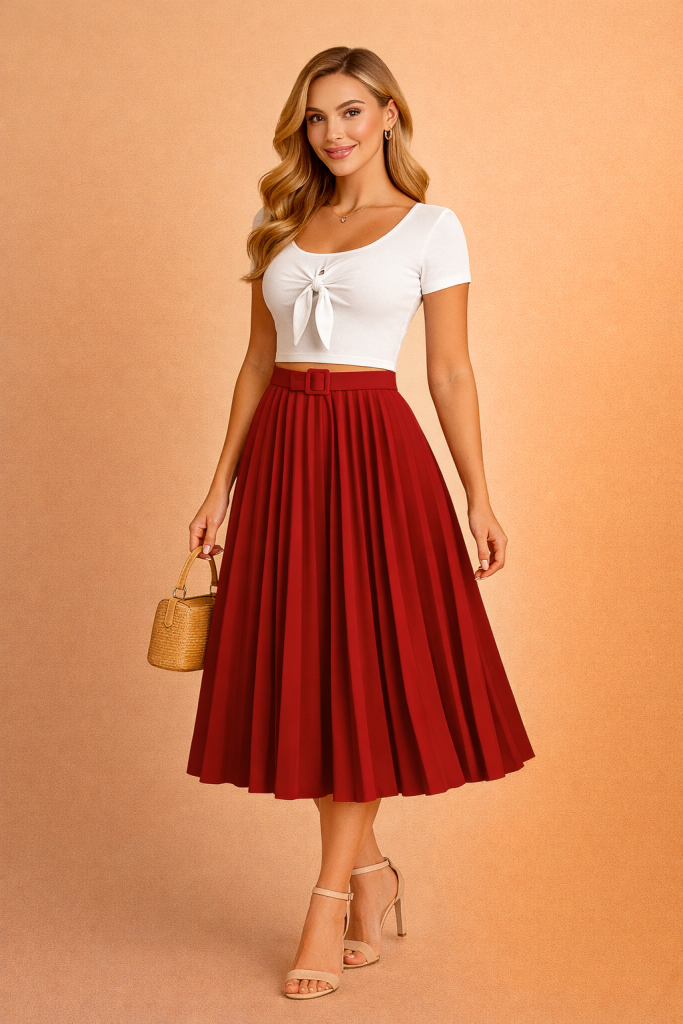 Jupe Plissée Midi Rouge Bordeaux avec ceinture