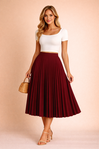 Jupe plissée midi rouge bordeaux femme – vue trois quarts face