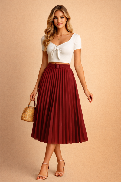 Jupe plissée midi rouge vin femme – vue face