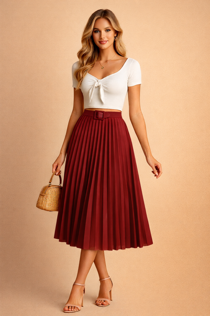 Jupe Plissée Midi Rouge Vin avec Ceinture