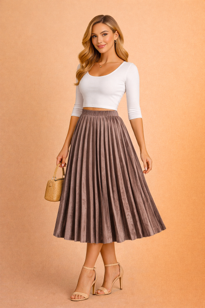 Jupe plissée midi velours taupe femme – plis profonds – vue trois quarts face