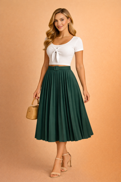 Jupe plissée midi vert sapin femme – trois quarts face