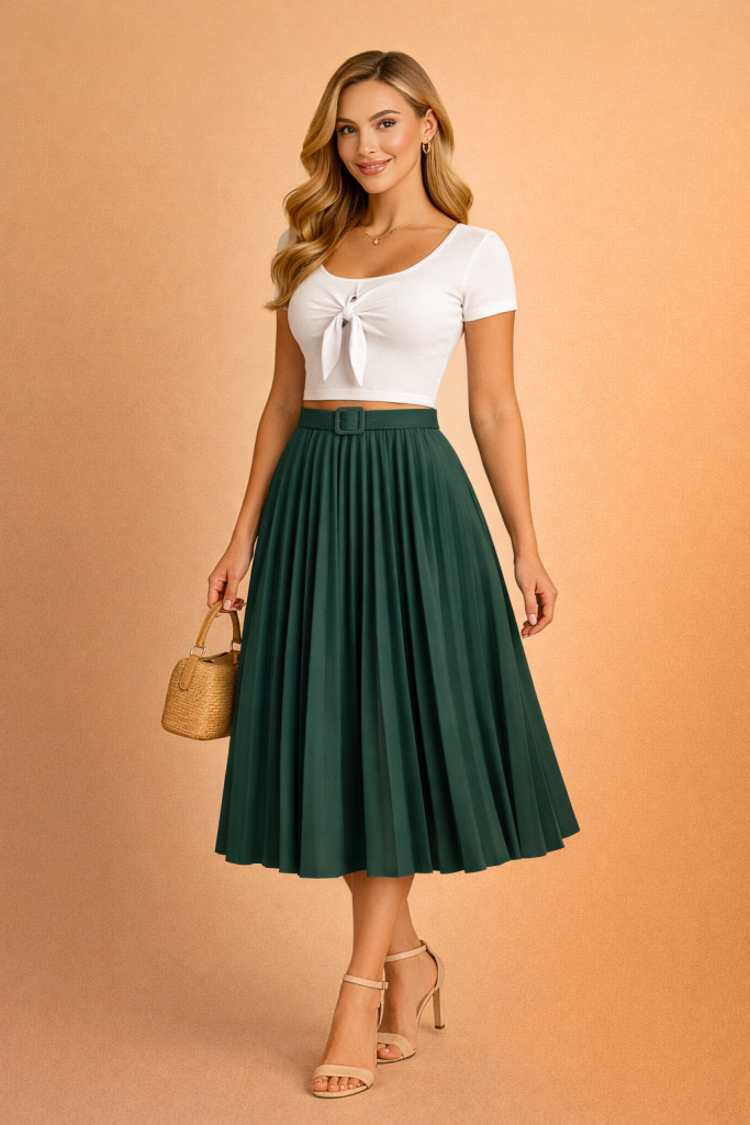 Jupe Plissée Midi Vert Sapin avec ceinture