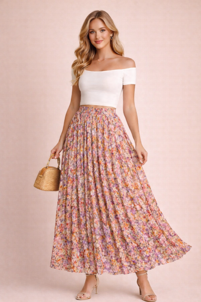 Jupe plissée longue fleurie rose poudré en chiffon, taille élastique, portée en trois quarts face – Plissée Chic