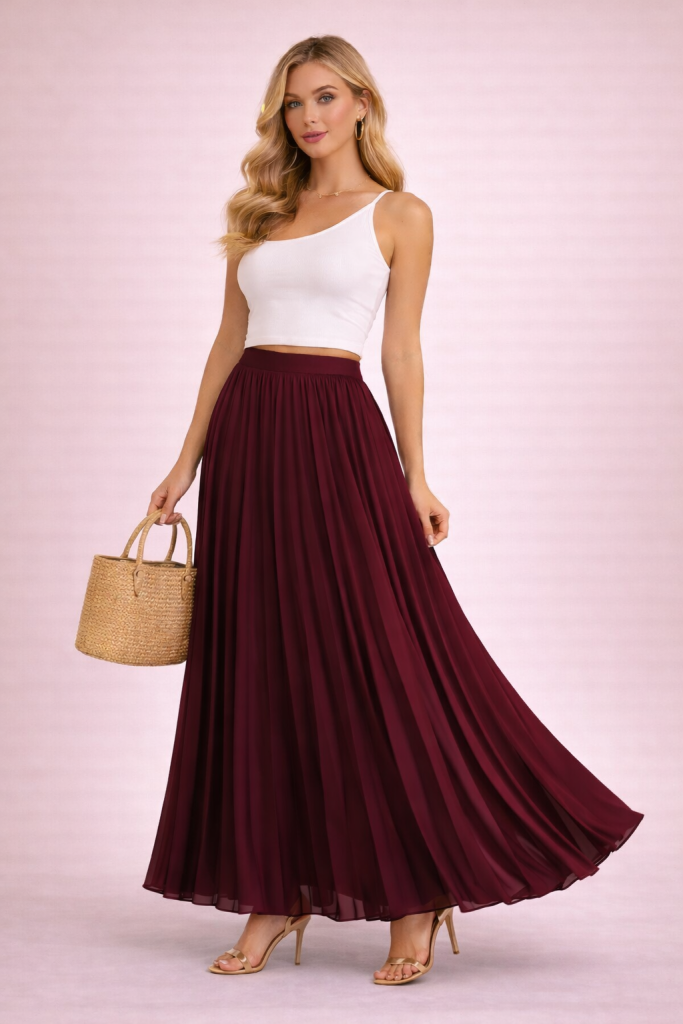 Jupe plissée longue maxi fluide bordeaux profond à taille haute